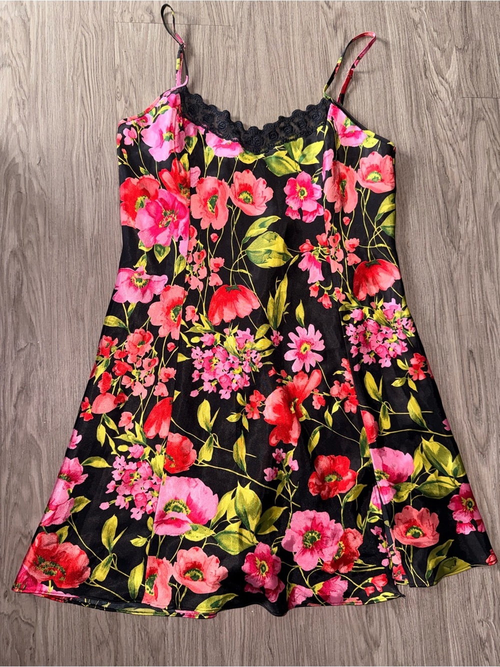 Black Floral Satin Chemise with Pink & Red Blooms